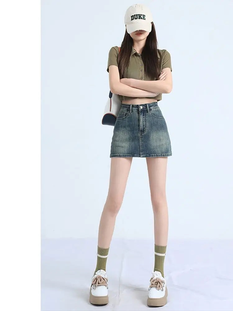 High Waist A-Line Mini Skirt Retro Spicy Girl Denim Women's Summer Slimming Anti-Light Half-length Skirt Street Style Trendy