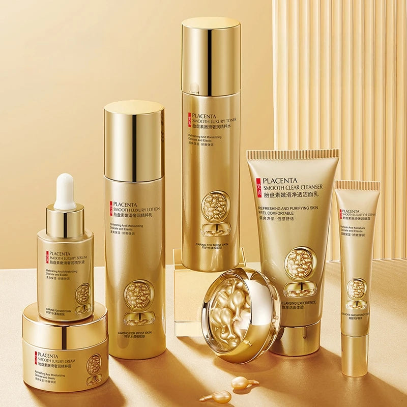 Placenta Skin Care Seven-Piece Set, Rich in Placenta Essence, Moisturizing Skin Care Products, Hydrating, Nourishing, and Refreshing, the Set Includes Facial Serum, Eye Cream, Face Cream, Facial Cleanser, Essence Cream, Suita