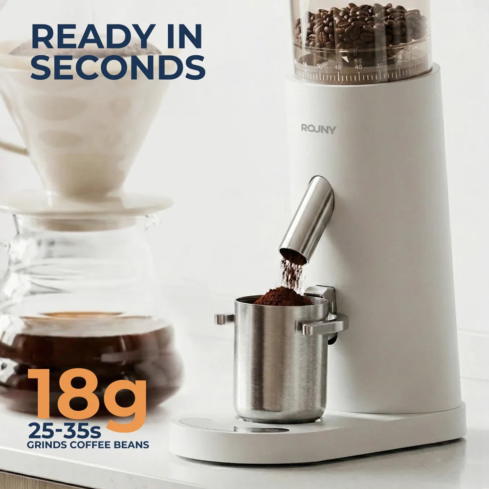 ROUNY Cordless Coffee Grinder, Rechargeable Electric Burr Grinder with Adjustable Grind, 80g Bean Hopper and 60g Dosing Cup