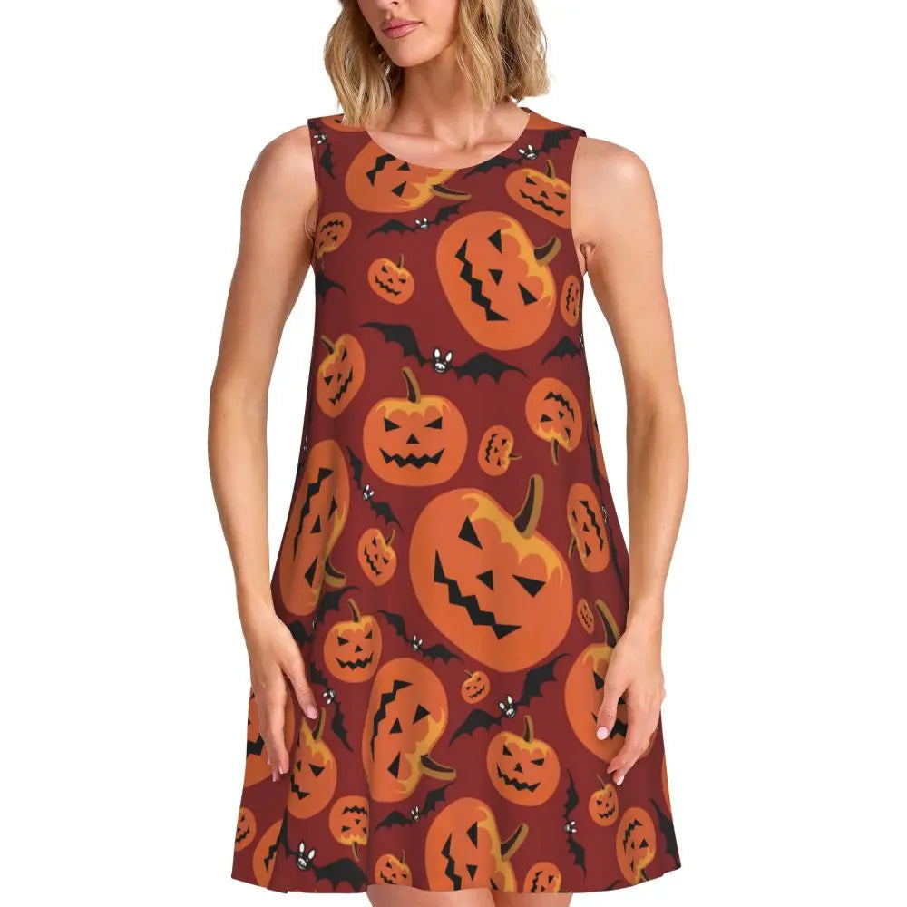 Happy Haunts Tank Dress Halloween Pumpkin Aesthetic Dresses Sleeveless Cute Dress Hot Sale O Neck Ladies Printed Clothing