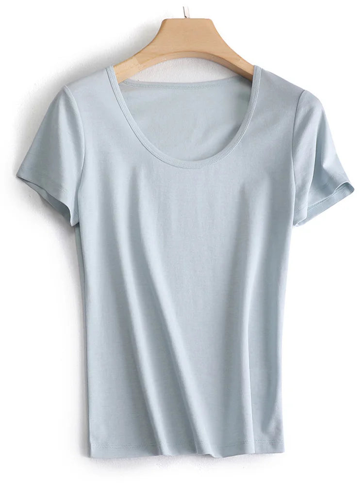 SuyaDream Women's Silk Acetate Blend Knit T-Shirt - Square Collar