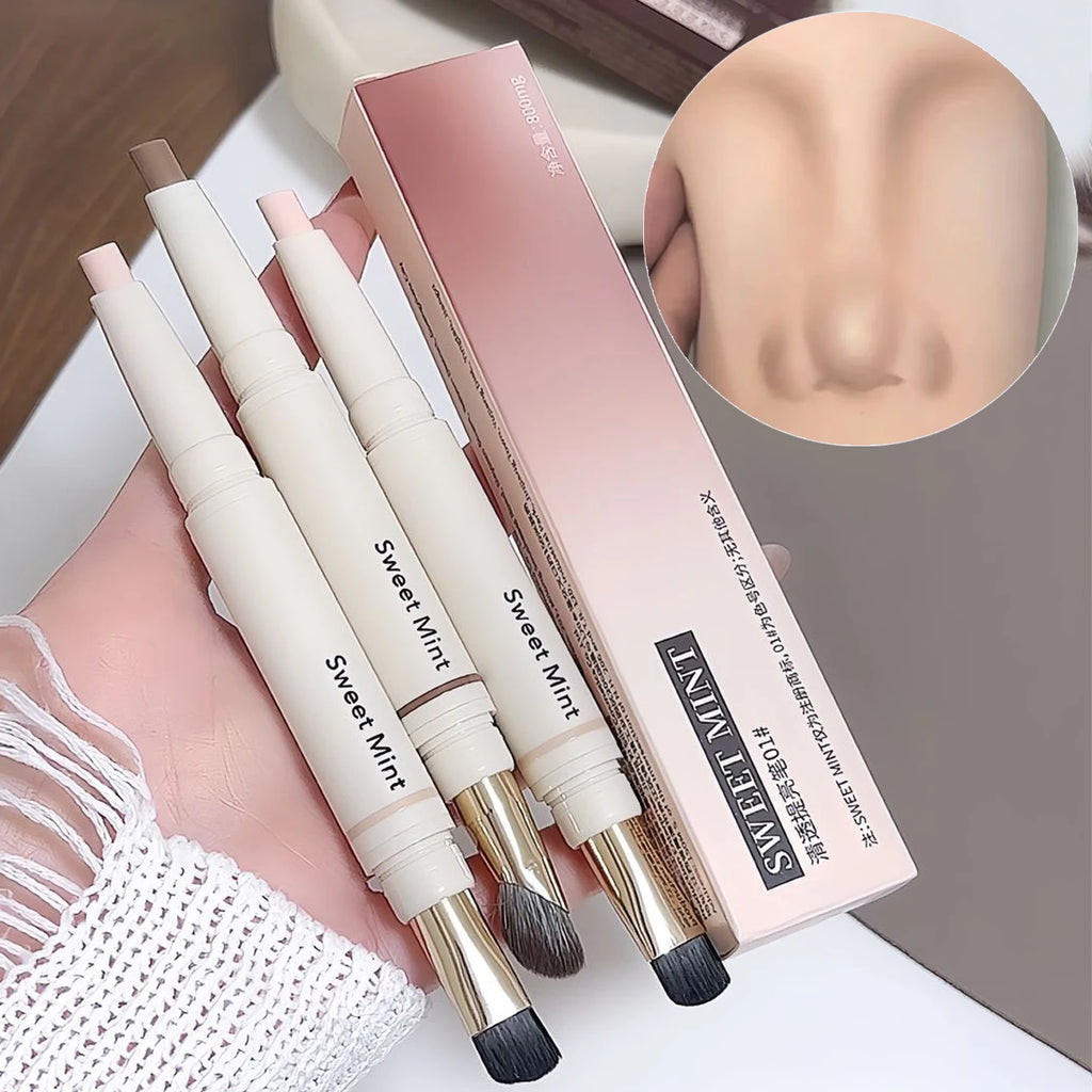 Dual-Ended Face Contour & Highlight Stick 3D Nose Shadow with Smudge Brush Silky Smooth Concealer Pen Natural Sculpting Makeup