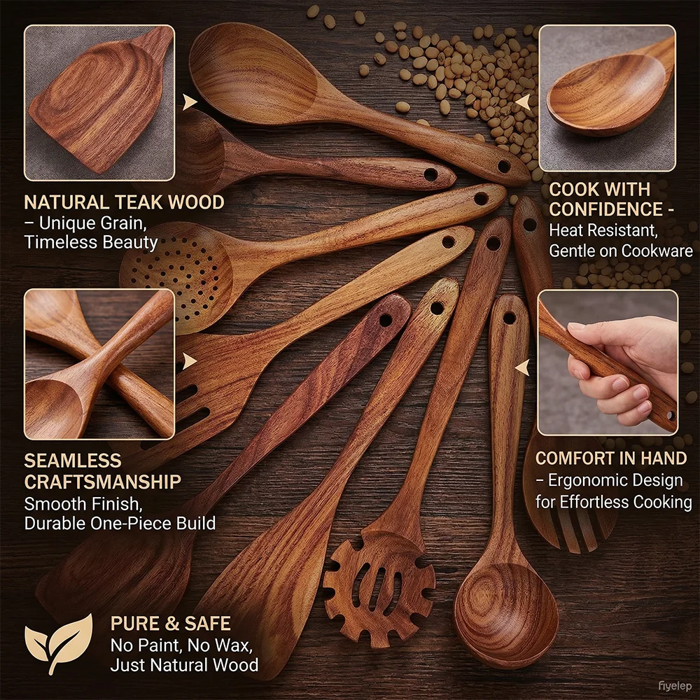 10pcs Wooden Spoons For Cooking Wooden Utensils For Cooking Teak Wooden Kitchen Utensils Set