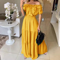 2026 Elegant Women's Off Shoulder Ruffle Sleeve Dress Fashion Solid Color Elastic Waist Tiered Maxi Dresses