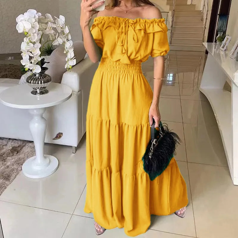 2026 Elegant Women's Off Shoulder Ruffle Sleeve Dress Fashion Solid Color Elastic Waist Tiered Maxi Dresses