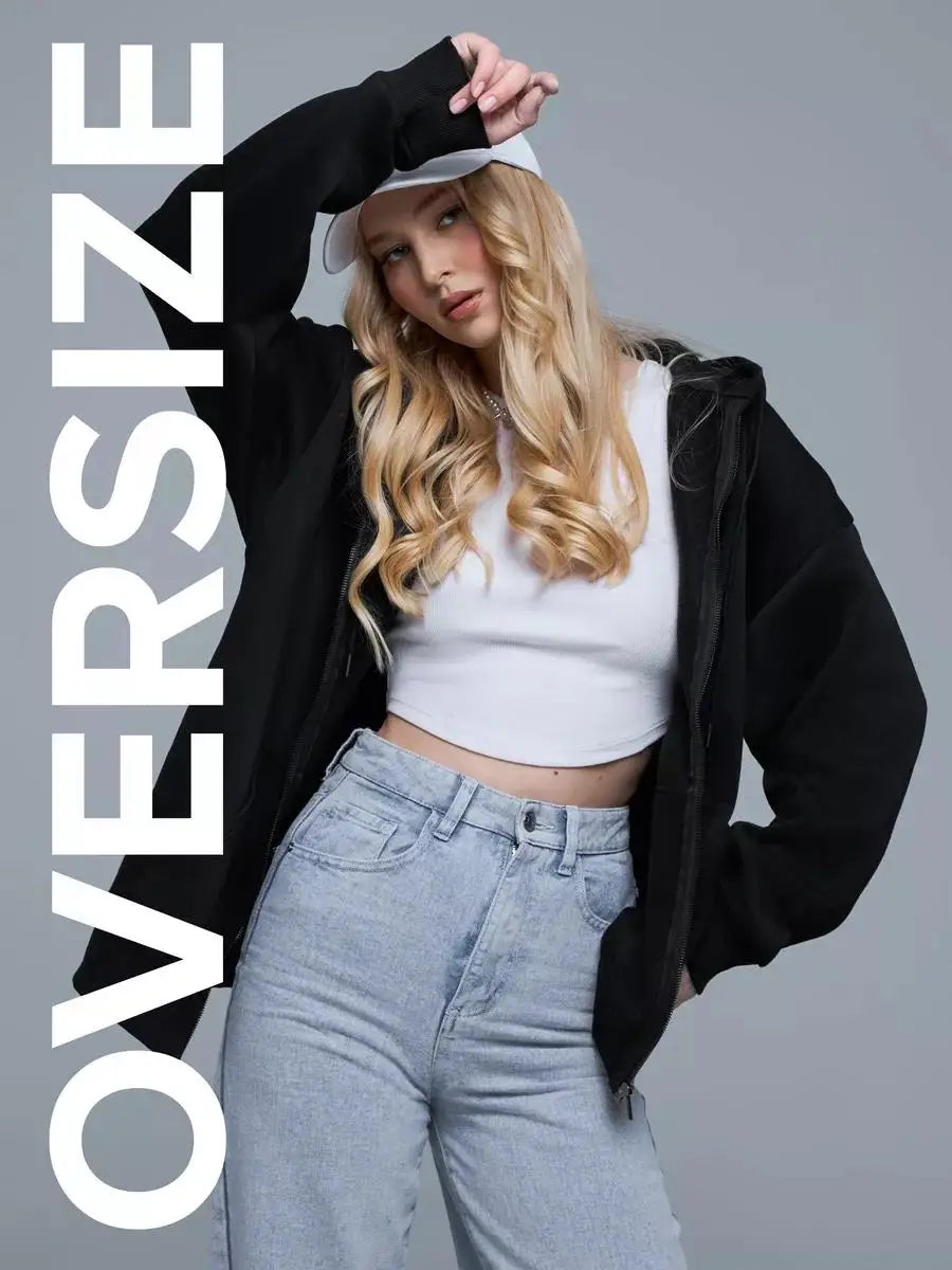 Plus Size Solid Zipper Hoodies Women Warm Fleece Hooded Sweatshirt Autumn Casual Sportswear Pocket Jogging Clothing Street Coat
