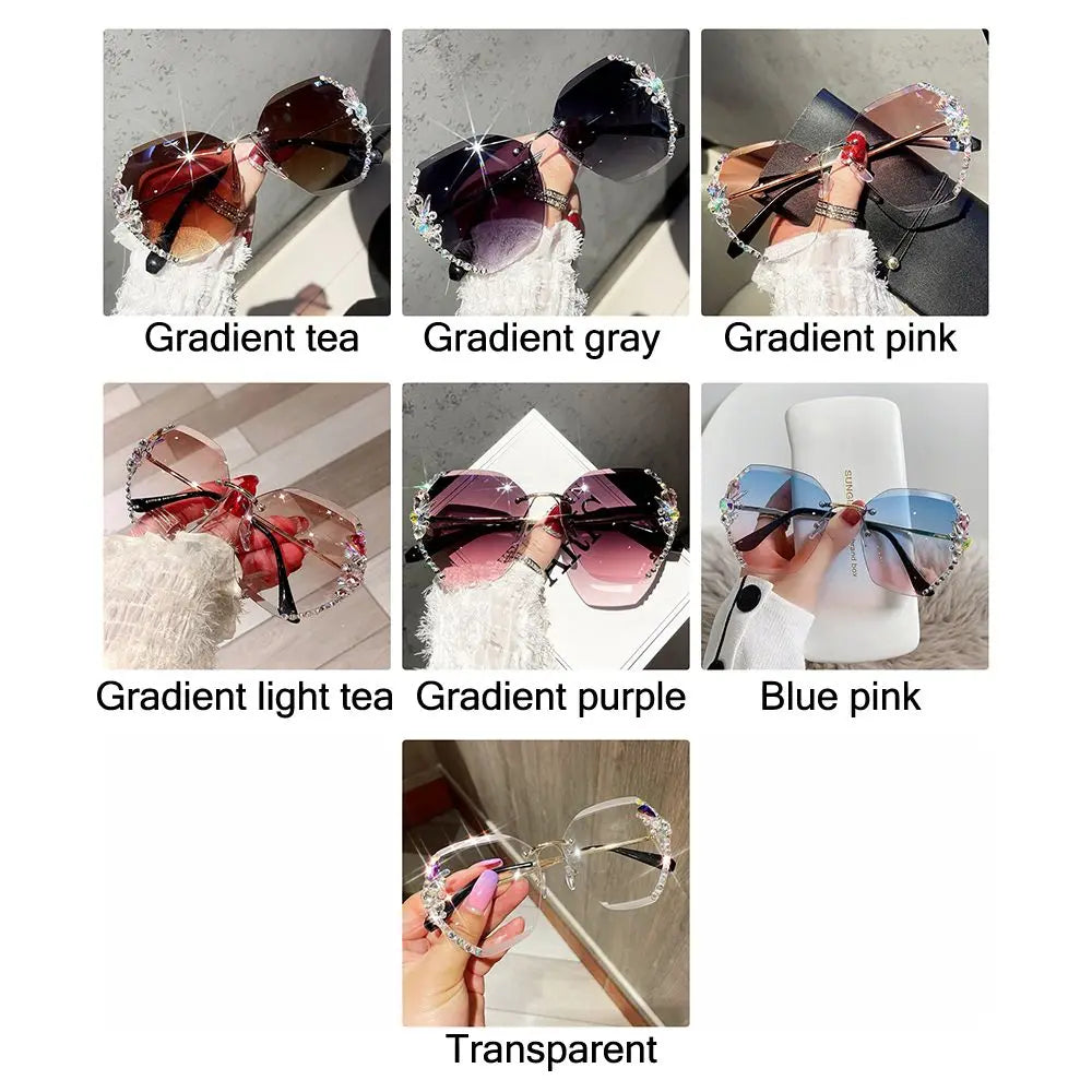 Vintage Female Eyewear UV400 Women Sun Glasses Gradient Rhinestone Sunglasses Rimless Sunglasses