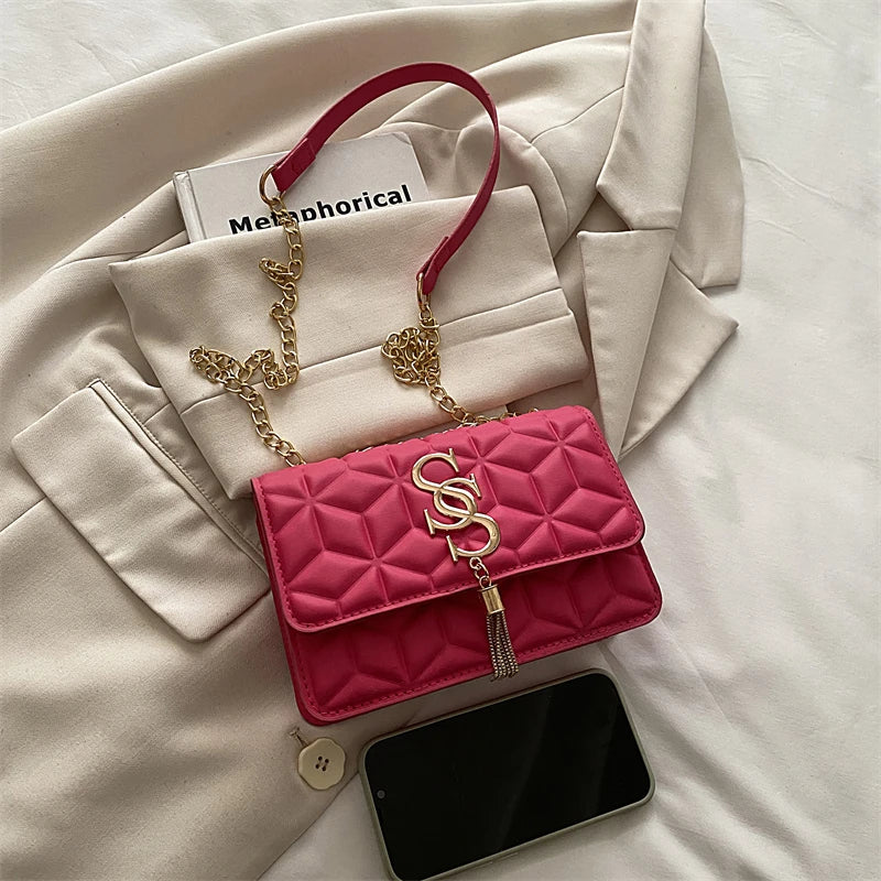 Fashionable Small Fragrant Style Argyle Quilted Small Square Bag Metal Letter Tassel Diagonal Cross Bag Commuter Shoulder Bag