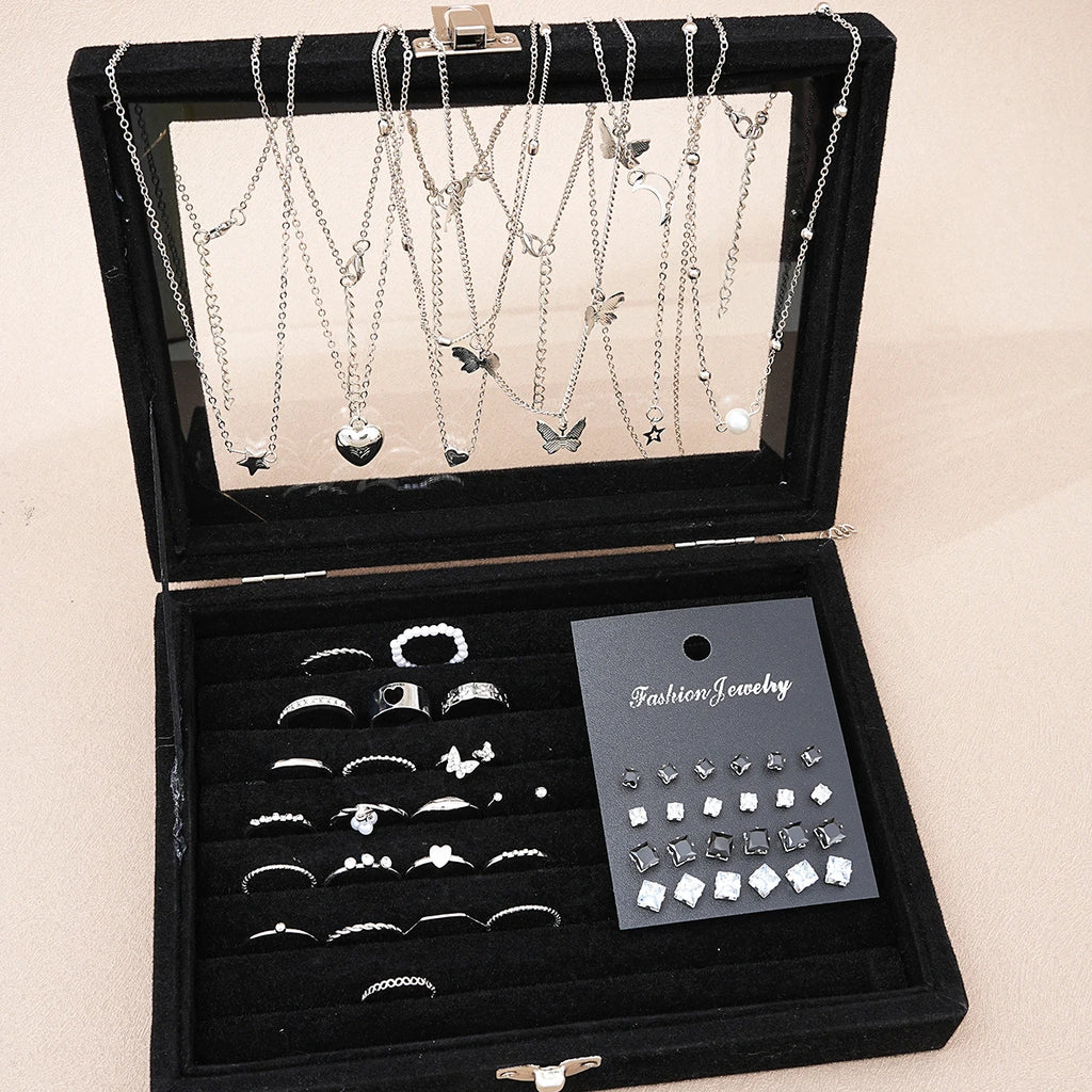 51 Pcs/Set Silver Color Chic Jewelry Set For Women'S Fashion Butterfly Heart Pearl Necklaces, Earrings, Rings, Match Daily Outfits