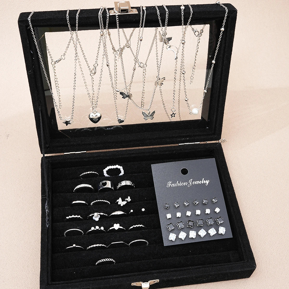 51 Pcs/Set Silver Color Chic Jewelry Set For Women'S Fashion Butterfly Heart Pearl Necklaces, Earrings, Rings, Match Daily Outfits