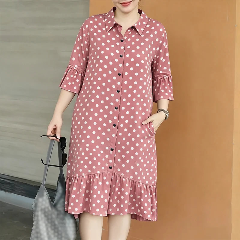 ZANZEA Summer Elegant Lapel Neck Short Sleeve Sundress Polka Dots Printed Women Dress Stylish Casual Holiday Beach Midi Dresses