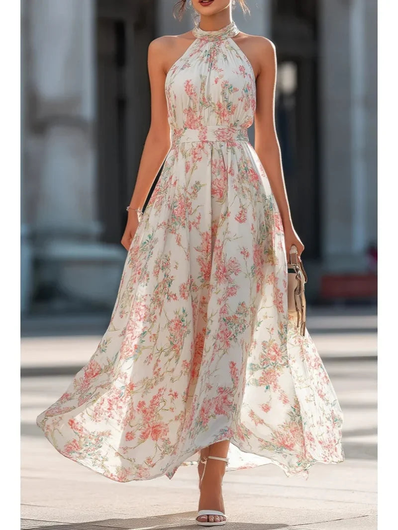for Beach Wedding and Party Women's Halter Neck Floral Print Pleated Chiffon Maxi Dress
