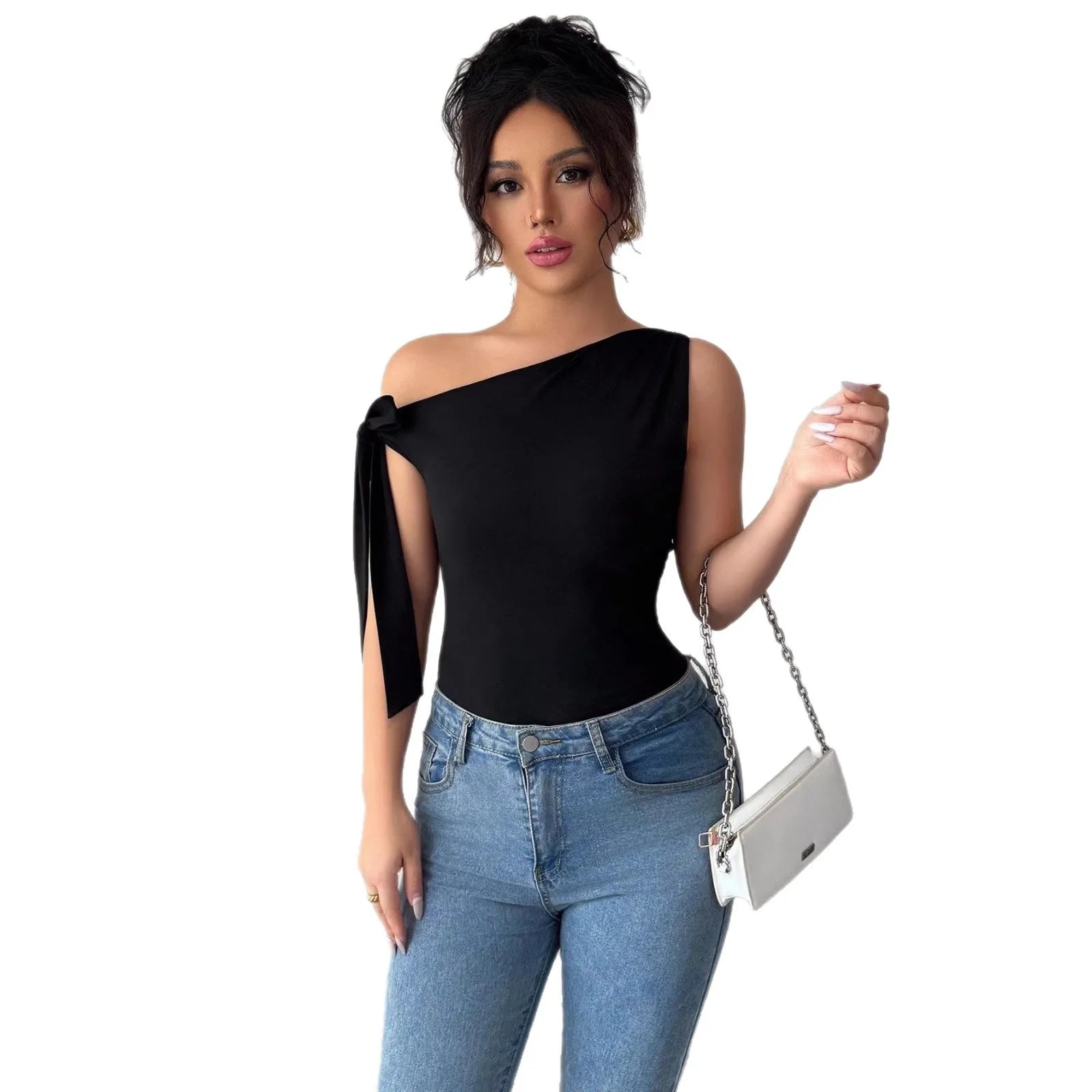 New Women's Elegant Commuter Solid Color Slash Shoulder Kink Lace-Up Slim T-Shirt