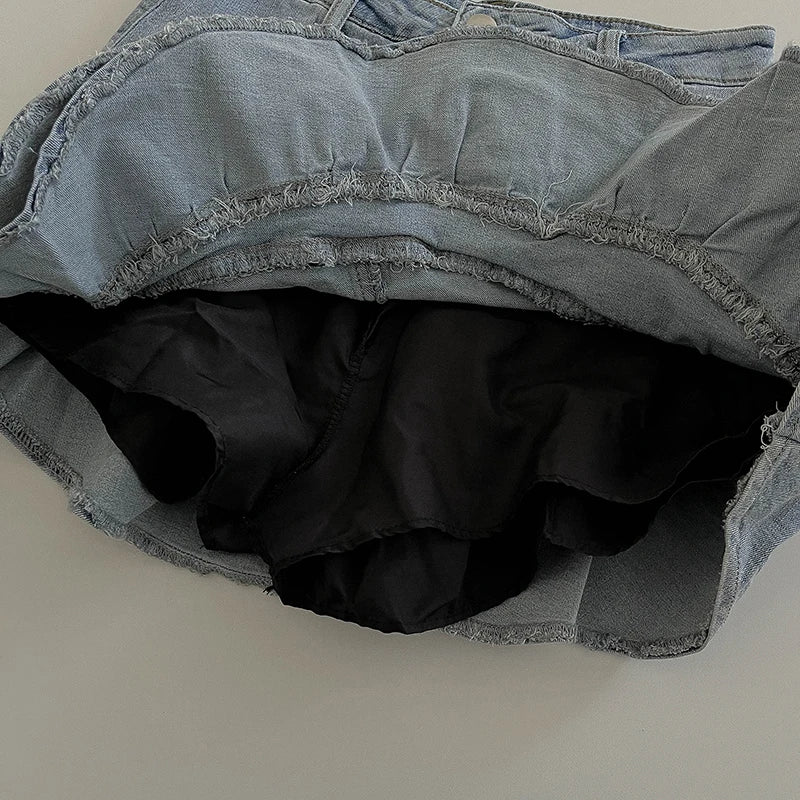 Personalized Asymmetrical Pleated Blue Denim Skirt High Waist Lining A-line Short Skirt Summer Fashion Hotsweet Women's Clothing