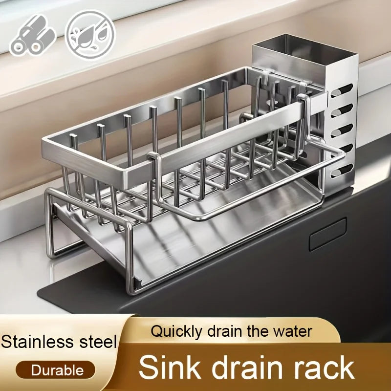 Rejilla de almacenamiento de herramientas de limpieza de fregadero, escurridor multifuncional de acero inoxidable para cocina, organizador de esponjas y detergentes, colgador de trapos