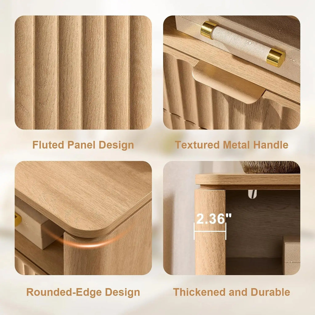 Fluted Nightstand Set Of 2 With Charging Station, 23.7" Wide Modern End Table With 2 Drawers, Wooden Bedside Table, Customized