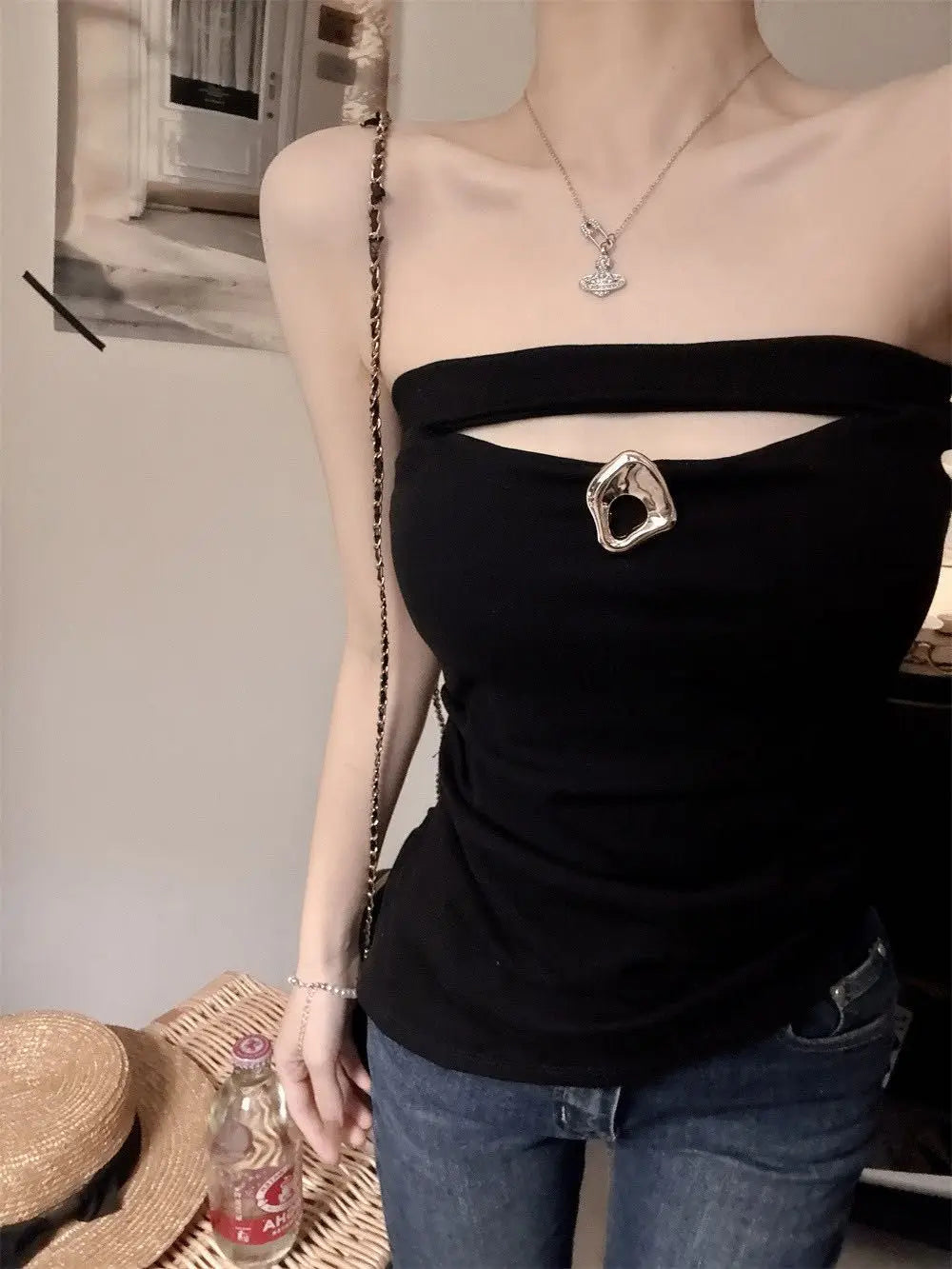 Sexy Slimming Red One-Shoulder Tube Top Women's Summer Fitted Hollow out Chest Pad Korean Style Thin T-Shirt Vest