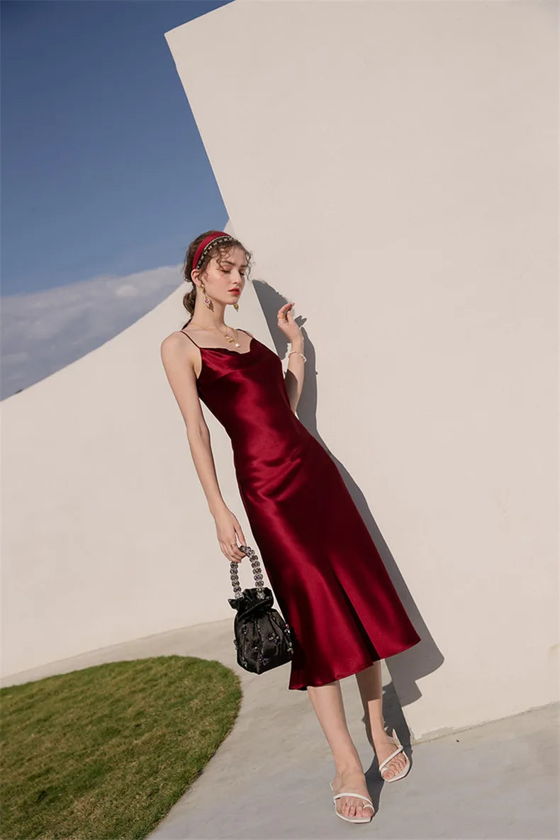 Sexy Spaghetti Strap Burgundy Vintage artificial silk Party Dresses Summer Women Satin Slip Dress Femme long Robe Vestidos