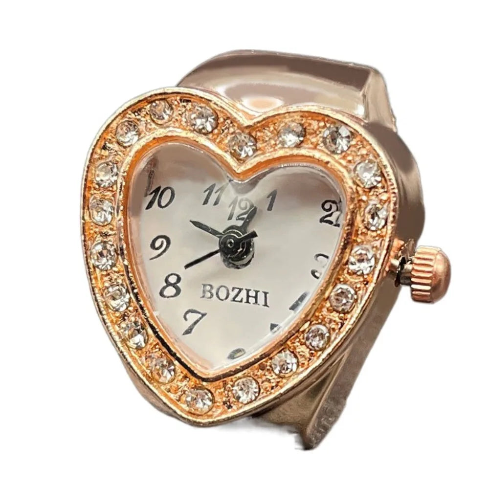 Finger Ring Watch For Couples Vintage Punk Heart Shape Quartz Clock With Adjustable Elastic Strap