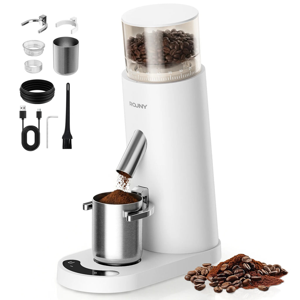 ROUNY Cordless Coffee Grinder, Rechargeable Electric Burr Grinder with Adjustable Grind, 80g Bean Hopper and 60g Dosing Cup