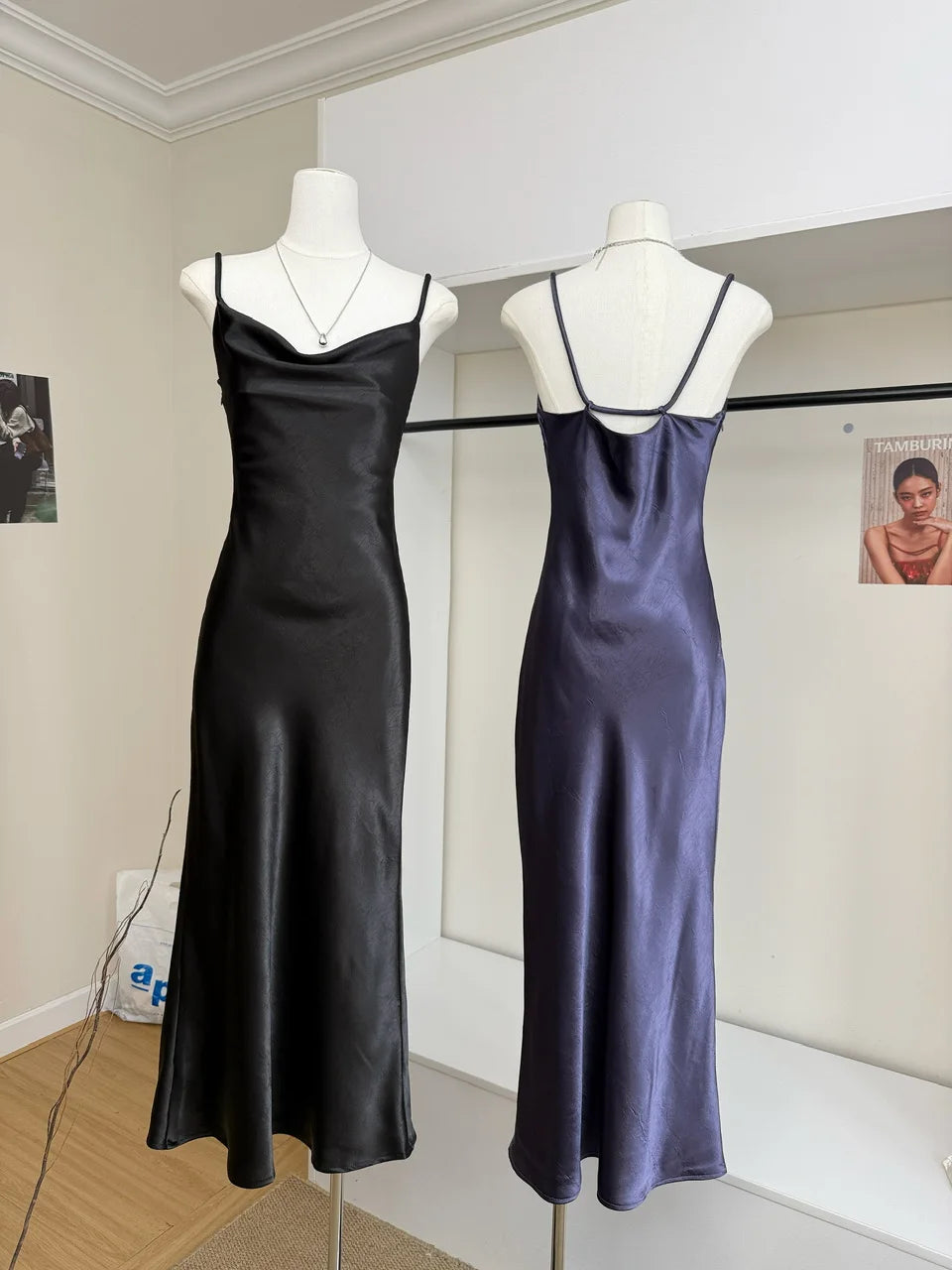 Women's Summer Sexy Swinging Collar Sheen Acetate Slim Long Dress Lady Sleeveless Strap Solid Color Satin Holiday Party Dress