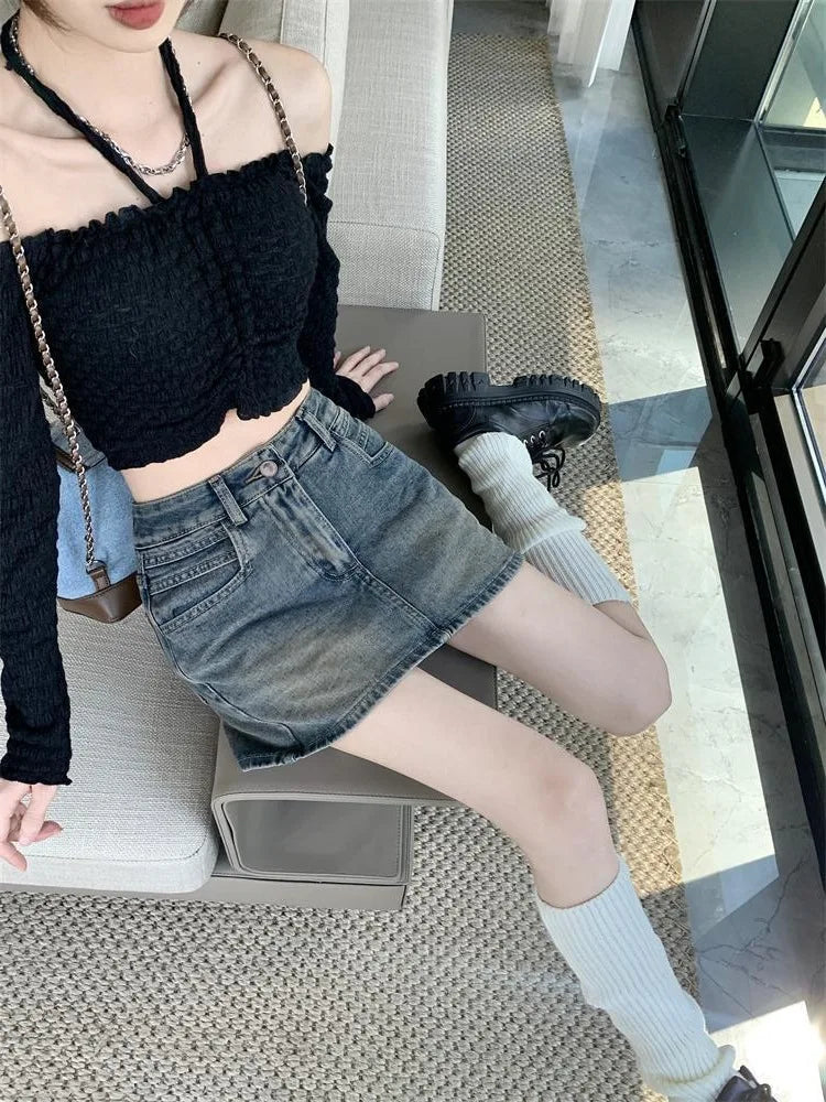American Retro High Waist Denim Mini Skirt Women's Slimming Sexy Letter Print Half Body Skirt Casual Cotton Blend Fabric
