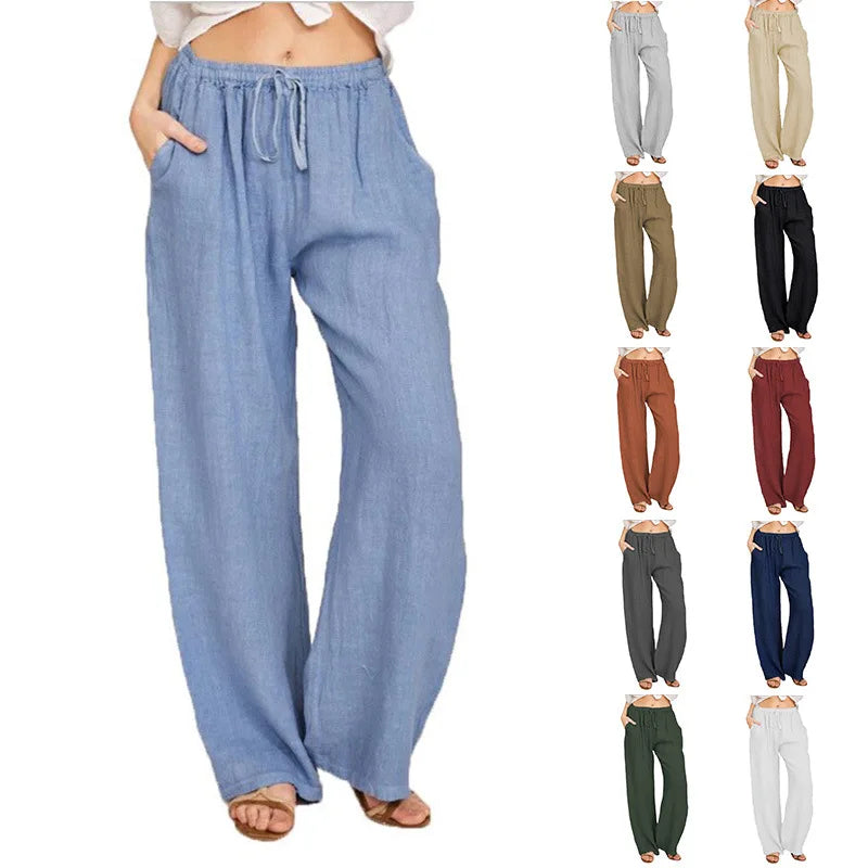Wide Leg Linen-Blend Casual Pants | Loose Fit Women's Trousers