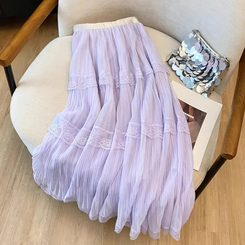 Retro Sweet White Long Skirt Women Casual Loose High Waist Elegant Skirt Vintage Lace Patchwork Korean Summer Long Skirts