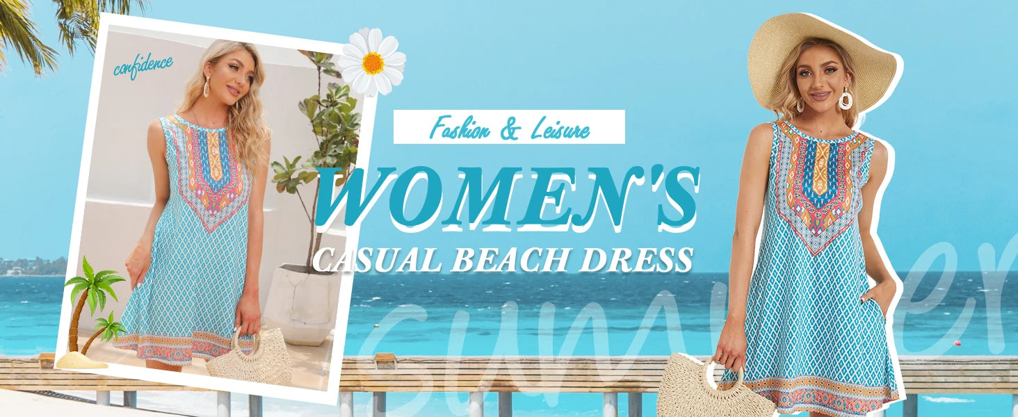 New Women's Summer Sleeveless Dress Round-Neck Loose-Fitting Dress Casual Botanical Floral Print Beach-Style Country Dress
