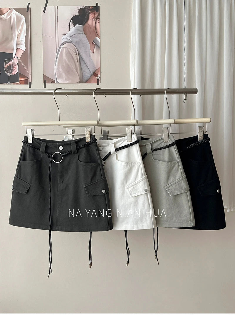 Beiyingni American Style Women's Short Denim Skirt Belt Vintage Fashion Summer High Waist A-line Skirts Female Streetwear Skirt