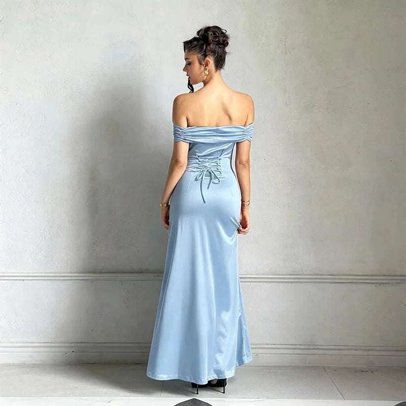 Off Shoulder Bodycon Long Dress Sexy Hip Hugging Party Evening Gown Mermaid Split Slim Club Cocktail Dress Women Red Elegant
