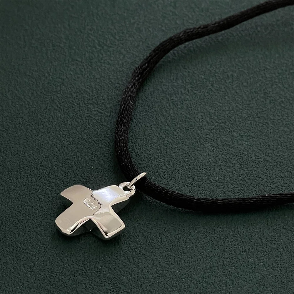 Exquisite 925 Silver Jewelry, Short Cross Pendant With Black Rope, Suitable For Daily Wear Or Giving