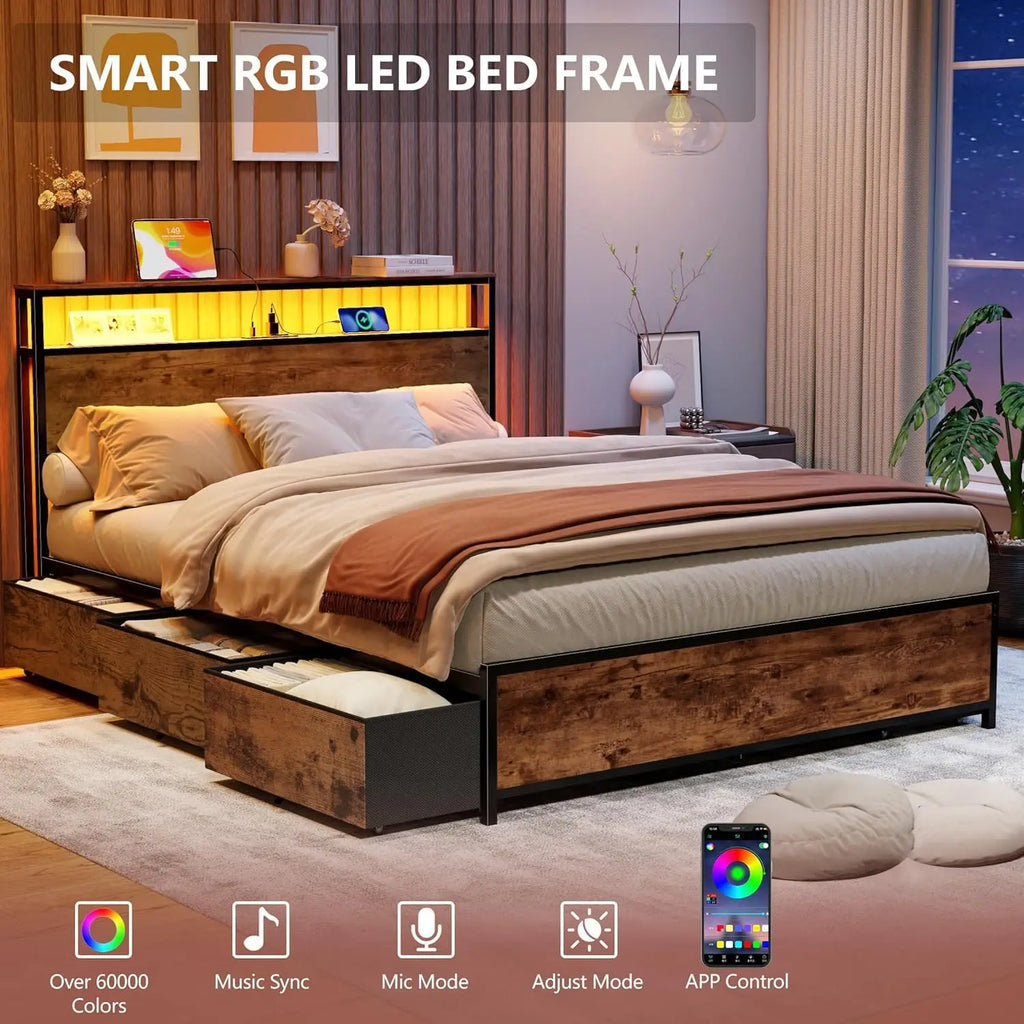 Queen Bed Frame with 2-Tier Storage Headboard & 6 Drawers, Heavy Duty Slats, USB & AC Ports, Brown