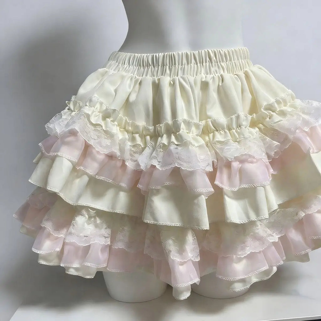 Streetwear Y2k Lolita Sweet Ballet Puff Cake Skirt Women Skirts A-line Harajuku Elastic High-waist Skirt Ruffled Design Clothing