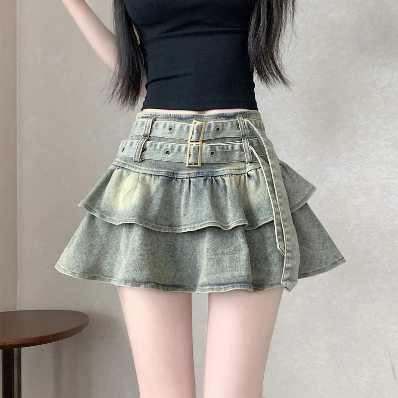 American Pure Desire Spicy Girl Design Elastic Denim Skirt Half-length Pleated Cake Skirt Short Commute High Elasticity