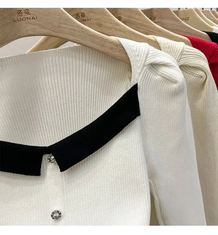Women's Knitted Short Sweater Square Collar Base Shirt Color Collision Design Sensation Autumn Winter Special Edition Top