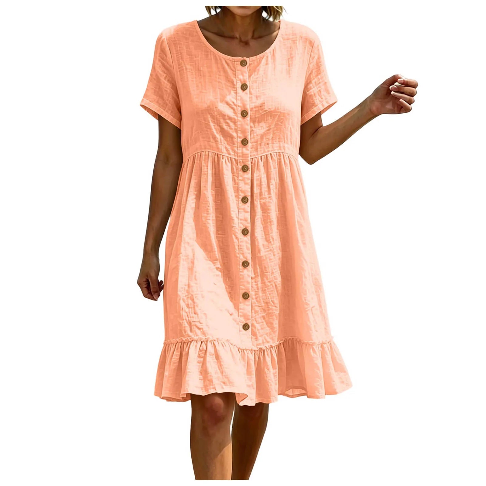 Women Casual Summer Dress Round Neck Front Button Down Short Sleeve Loose Midi Dress Solid Ruffle Hem Beach Cotton Linen Dreses