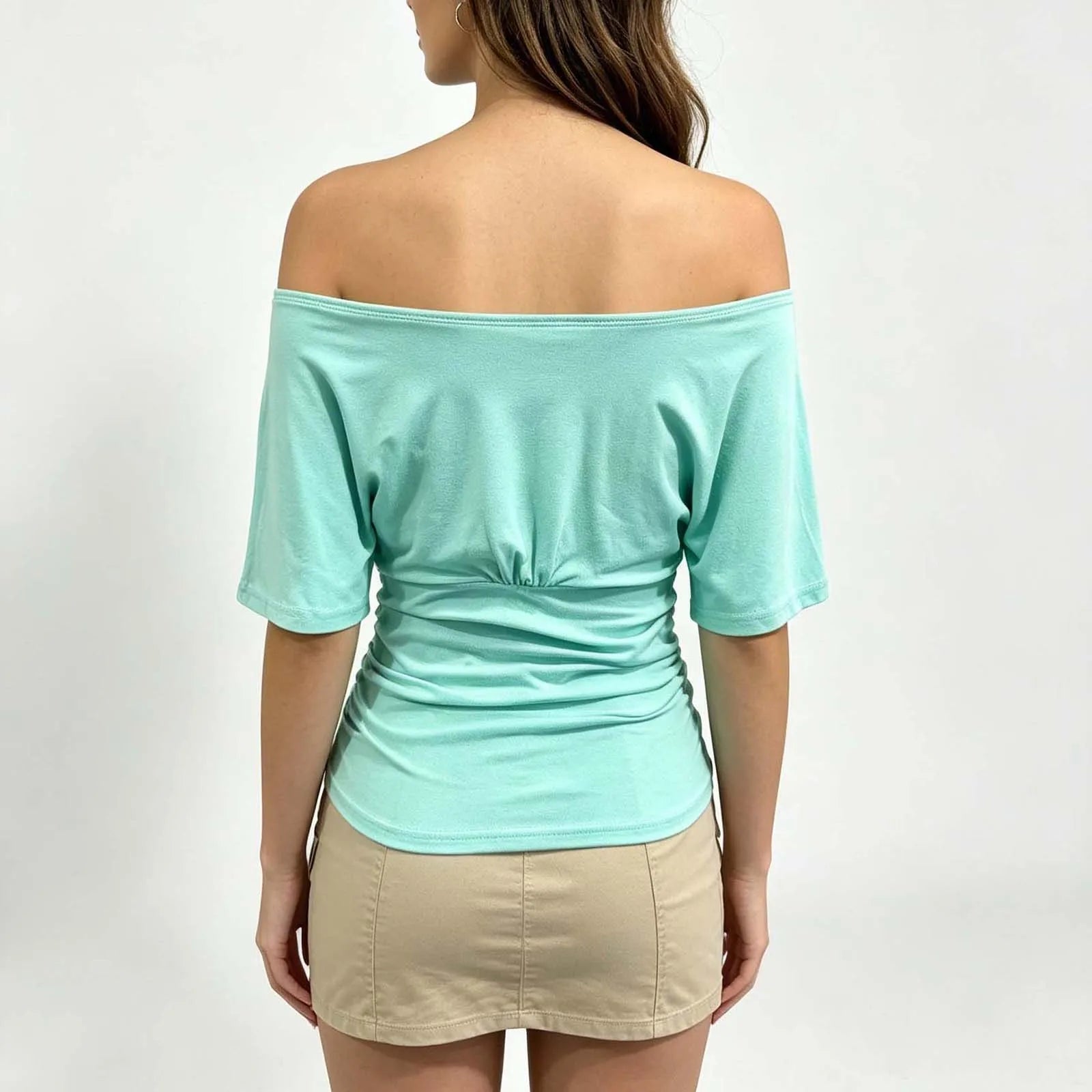 Women Casual Off Shoulder T-Shirts Tops Solid Ruched Short Sleeve Slouchy T-shirts Tees Tops