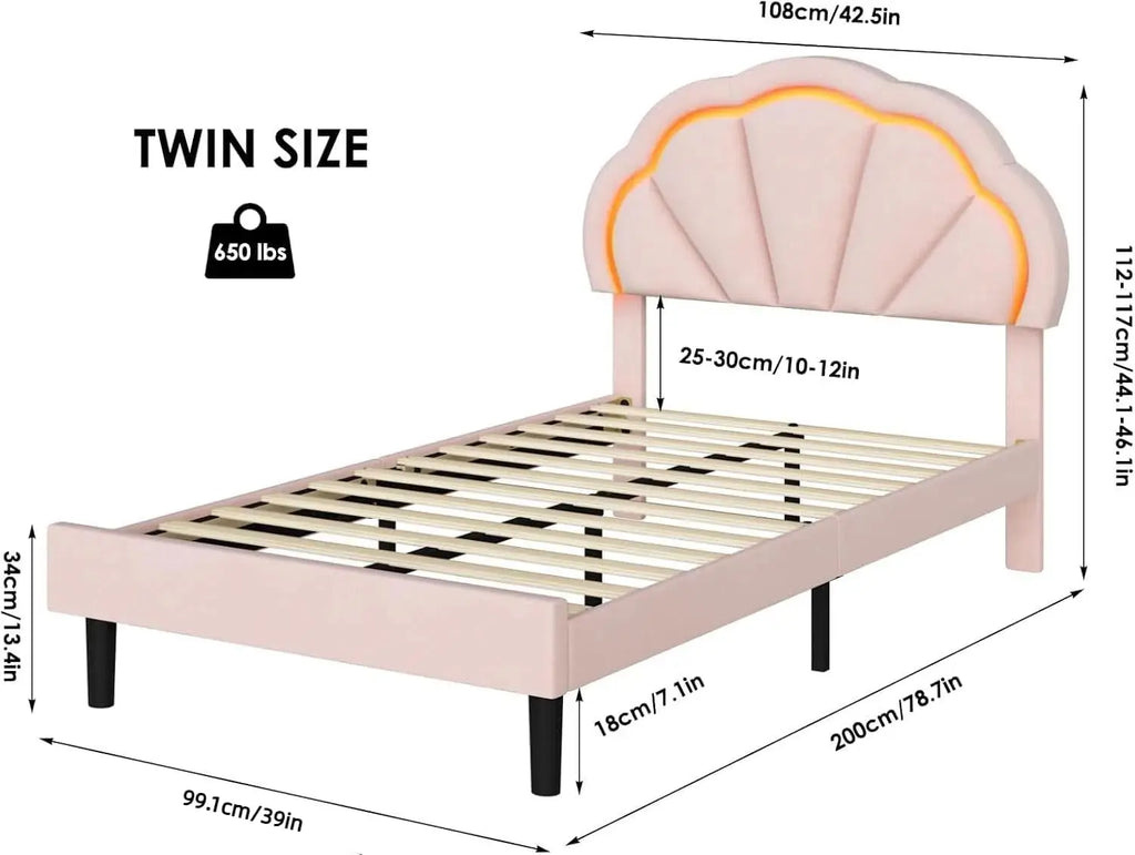 Girls Twin Upholstered LED Bed Frame with Adjustable Petal Headboard, Pink