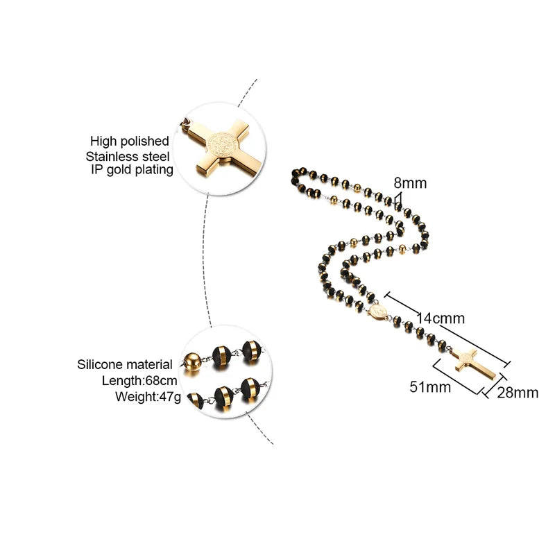 Long Chain Rosary Necklace For Men Women'S,Stainless Steel Bead Chain Cross Pendant Jewelry