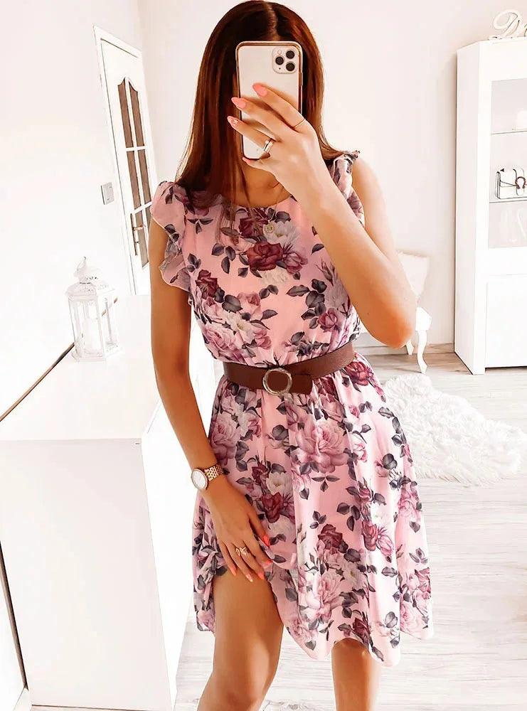 Ladies Sleeveless Elastic Waist Beach Dress 2026 Women V-Neck Pleated Chiffon Cover-Ups Summer Fashion Floral Printed Long Dress