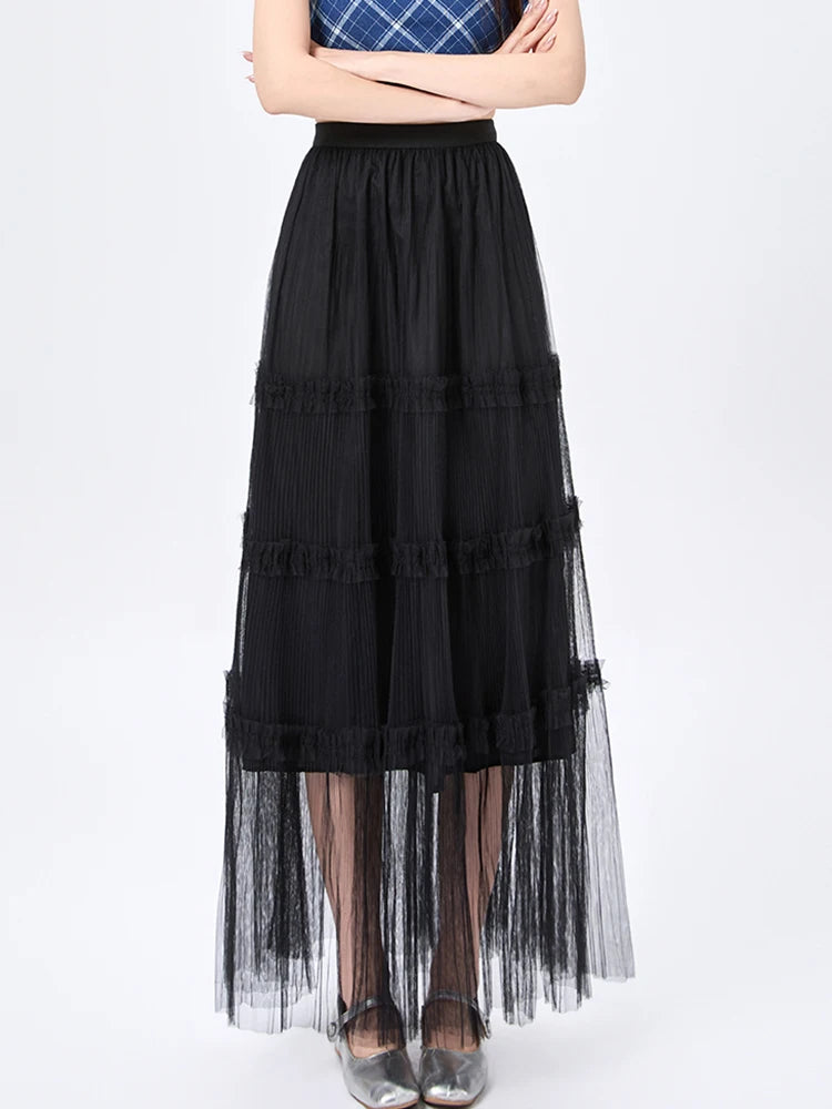 Women's Skirt Spring Summer Tiered Tulle High Waist Ruffle Hem A-Line Pleated Maxi Layered Mesh Cake Skirt Female Faldas SK120