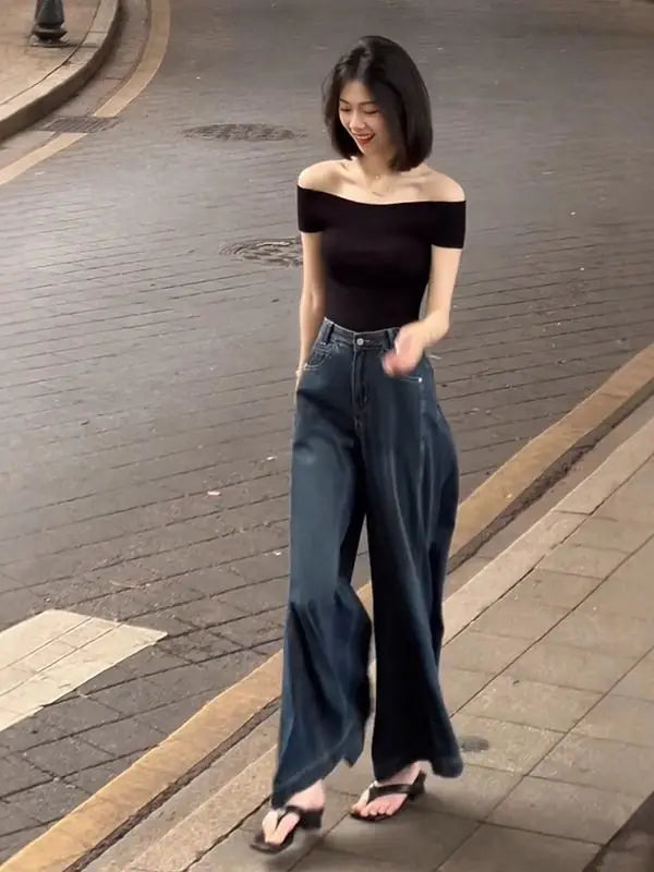Shoulder Bared Knitted Short Sleeve T Shirt Women's Style Summer Edition Slim Fit Black Color Commute Fashion Creative Pattern