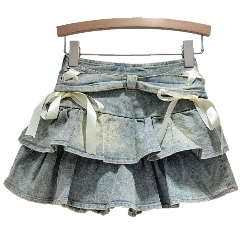 Denim Cake Skirts Women Short Skirt A Line High Waist Slim Fit Elegant Splice Y2k Streetwear Work Bow Sweet 2026 Summer