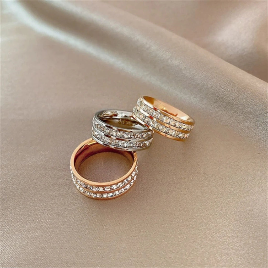 Luxury Rose Gold Double Rowed Square Zircon Stainless Steel Ring Women'S'S Romantic Engagement Wedding Jewelry Women'S