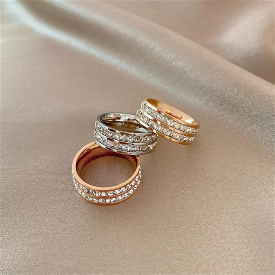 Luxury Rose Gold Double Rowed Square Zircon Stainless Steel Ring Women'S'S Romantic Engagement Wedding Jewelry Women'S
