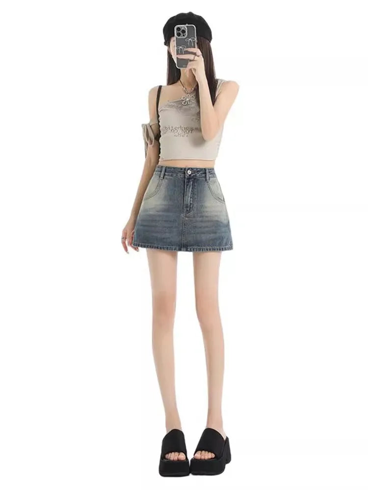 Retro American Washed Slim Fit Denim  Skirt Women Summer Hot Girl High Waist Bodycon Anti Exposure a Line Half Body Skirt