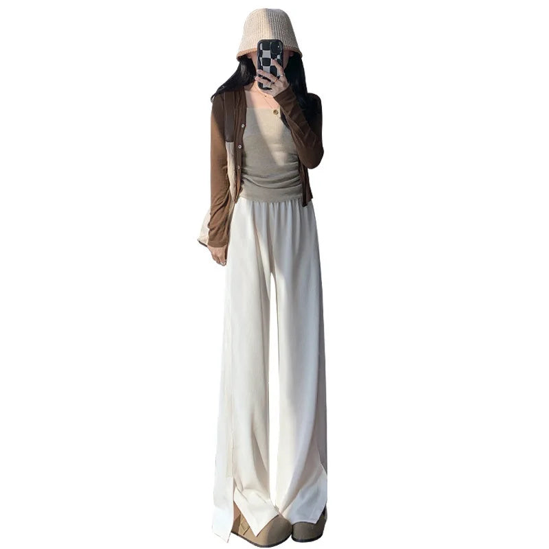 Women's High Waist Wide Leg Knitted Pants - Side Split Casual Long