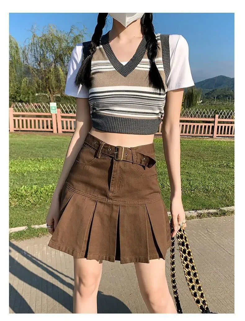 Retro American Blue Hot Girl Pleated Denim  Skirt Women's Summer New Pure Desire A-Line High Waist Short Skirt