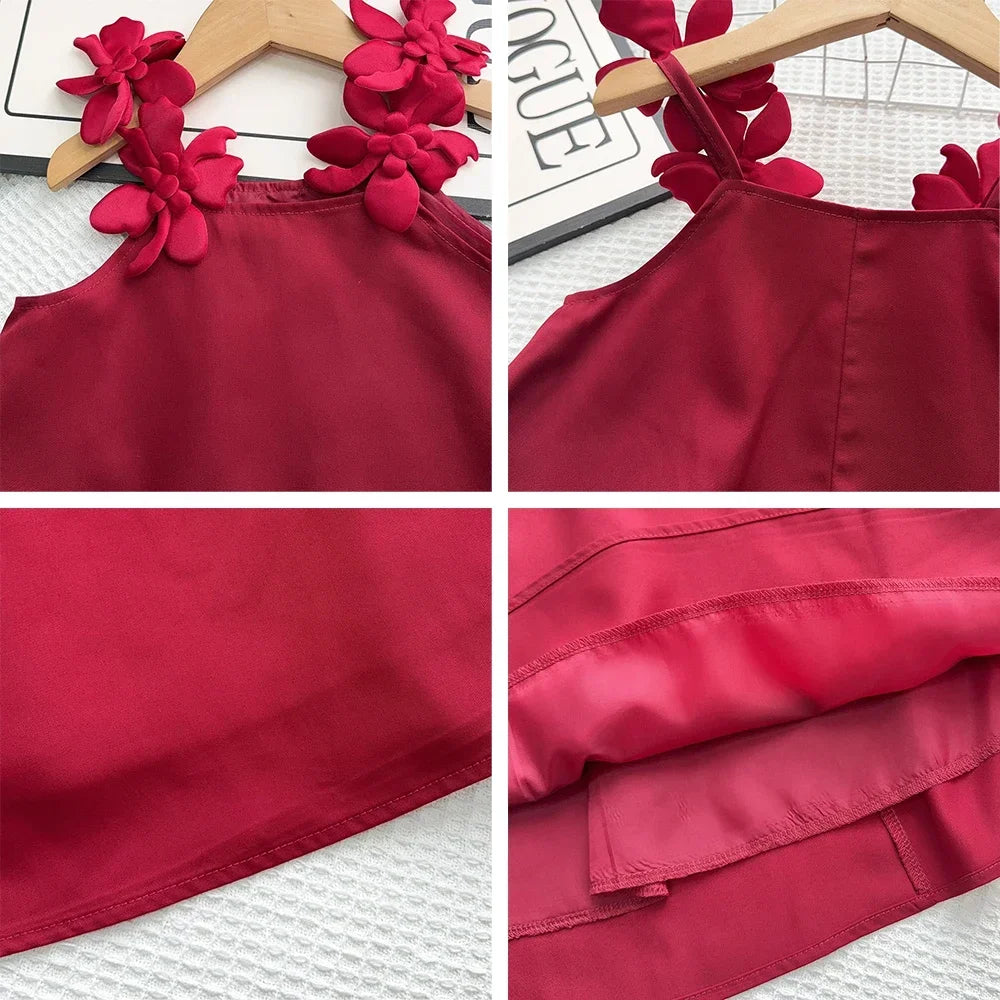 Korean Version 2 3 4 5 6 7-year-old Solid Color Girls' Casual Clothes Summer 3D Flower Princess Dress Fashionable and Elegant